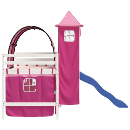 Kinderhoogslaper Met Toren Massief Grenenhout 80 x 200 cm Wit en roze