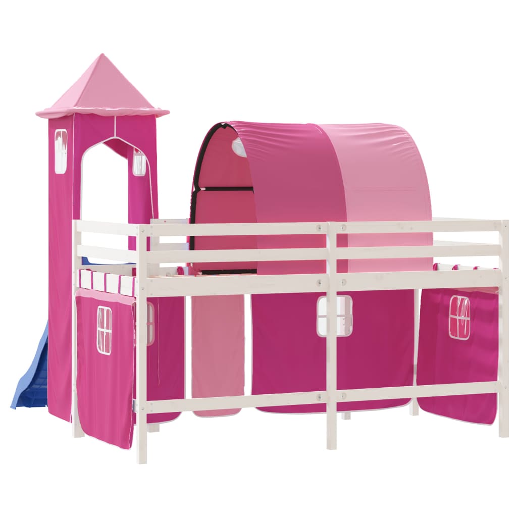 Kinderhoogslaper Met Toren Massief Grenenhout 80 x 200 cm Wit en roze