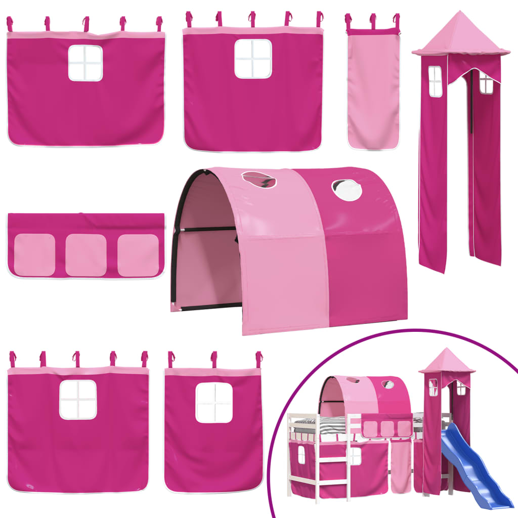 Kinderhoogslaper Met Toren Massief Grenenhout 80 x 200 cm Wit en roze