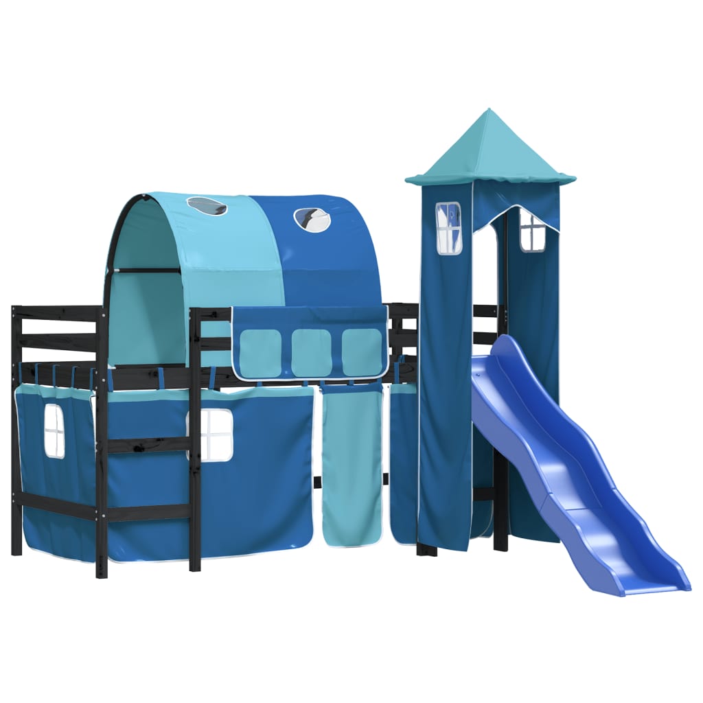 Kinderhoogslaper Met Toren Massief Grenenhout 80 x 200 cm Zwart en blauw
