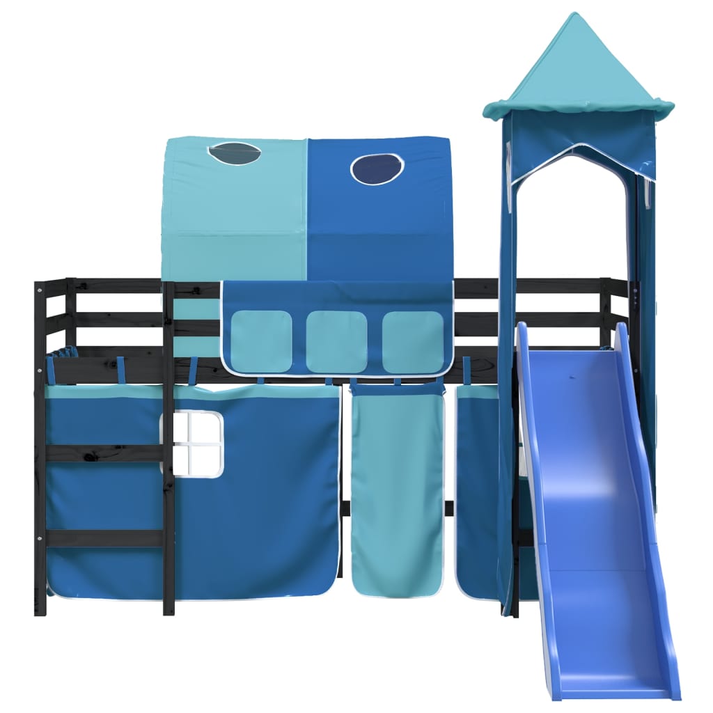 Kinderhoogslaper Met Toren Massief Grenenhout 80 x 200 cm Zwart en blauw