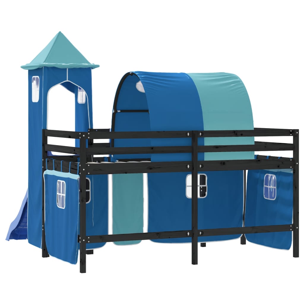 Kinderhoogslaper Met Toren Massief Grenenhout 80 x 200 cm Zwart en blauw