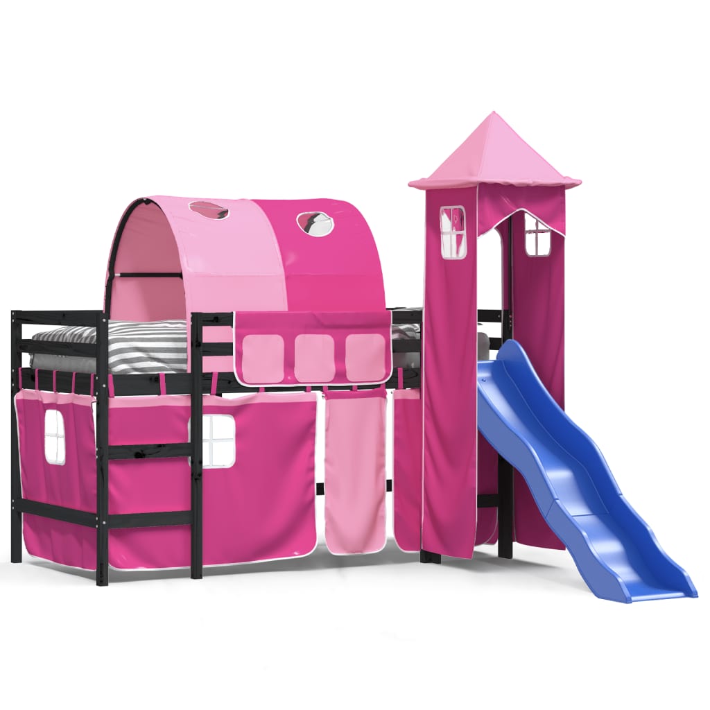 Kinderhoogslaper Met Toren Massief Grenenhout 80 x 200 cm Zwart en roze