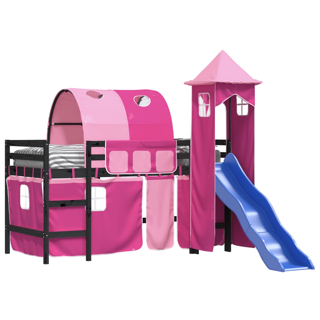Kinderhoogslaper Met Toren Massief Grenenhout 80 x 200 cm Zwart en roze