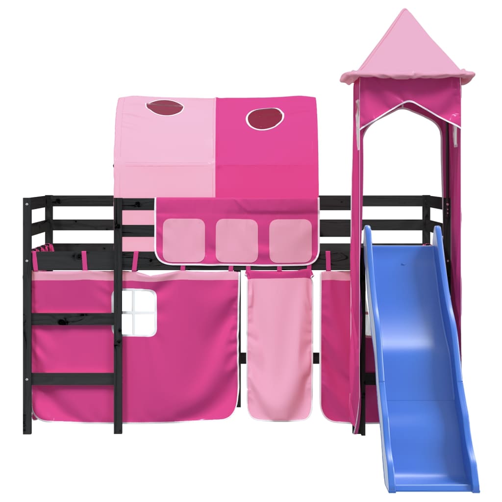 Kinderhoogslaper Met Toren Massief Grenenhout 80 x 200 cm Zwart en roze