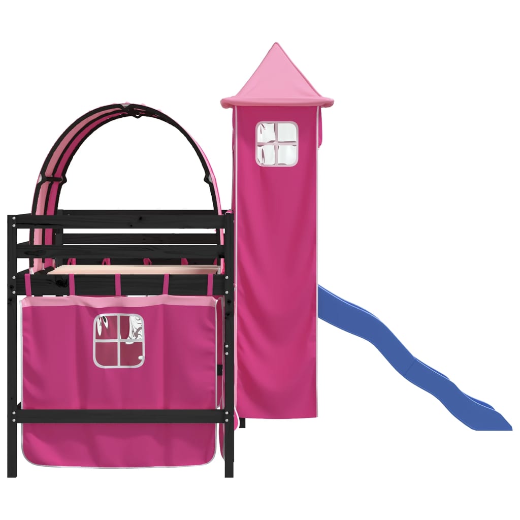 Kinderhoogslaper Met Toren Massief Grenenhout 80 x 200 cm Zwart en roze