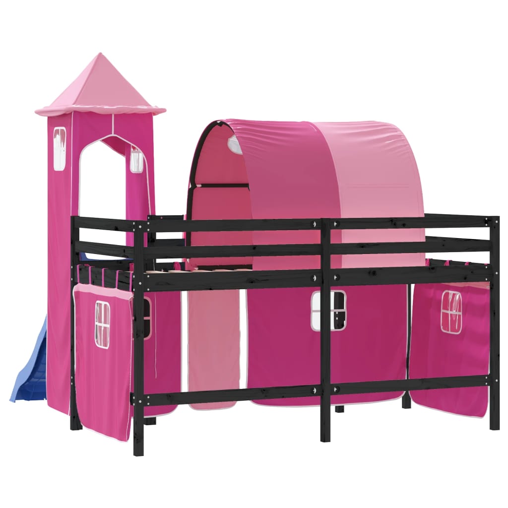 Kinderhoogslaper Met Toren Massief Grenenhout 80 x 200 cm Zwart en roze