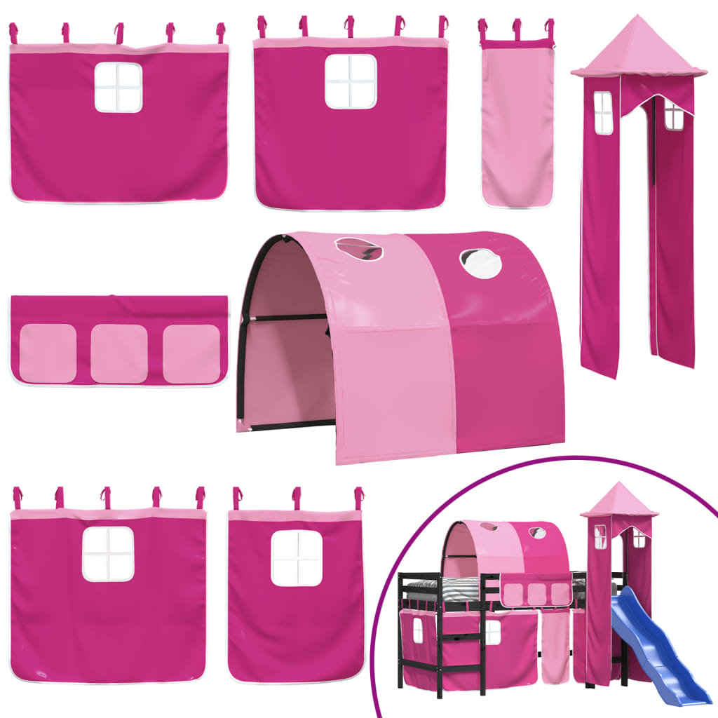 Kinderhoogslaper Met Toren Massief Grenenhout 80 x 200 cm Zwart en roze