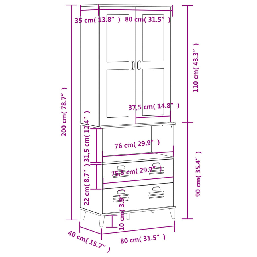 Hoge Kast Viken 80X40X200 Cm Massief Grenenhout Zwart