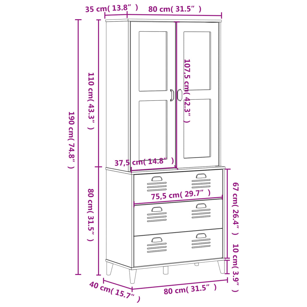 Hoge Kast Viken 80X40X190 Cm Massief Grenenhout Wit