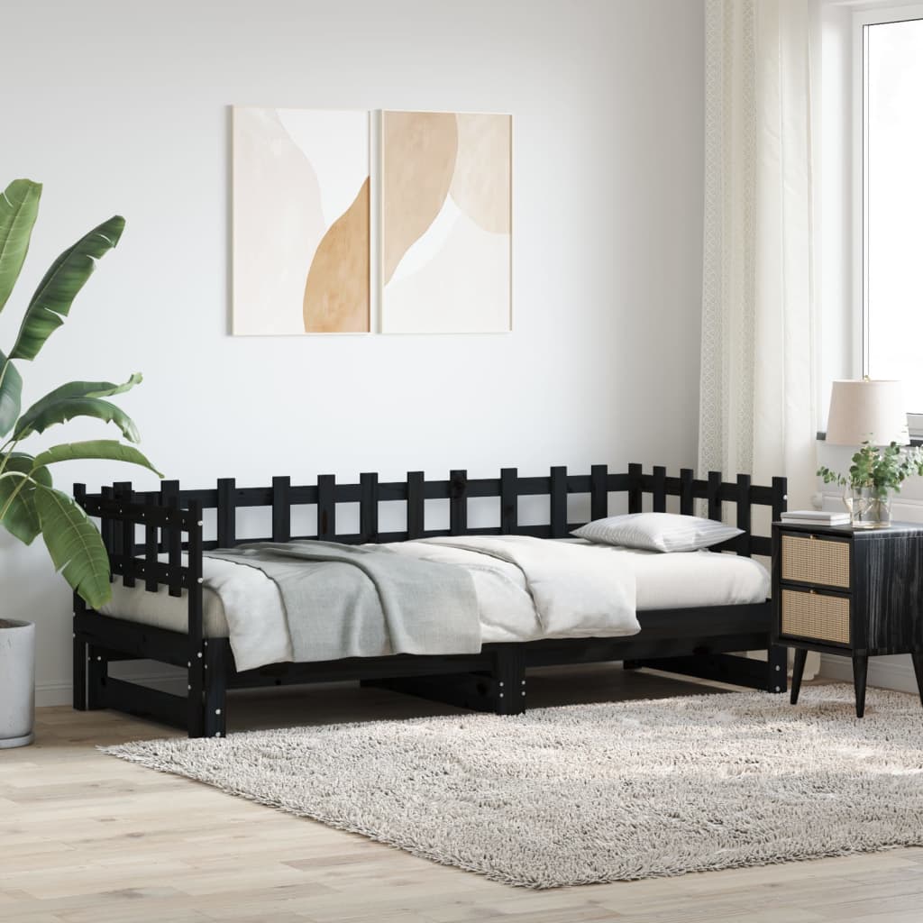Slaapbank Uitschuifbaar 2X(80X200) Cm Massief Grenenhout 80 x 200 cm Zwart