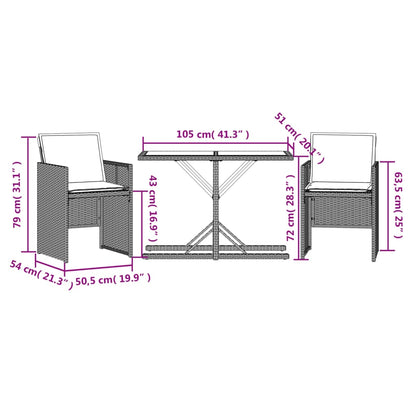 3-Delige Bistroset Met Kussens Poly Rattan Grijs