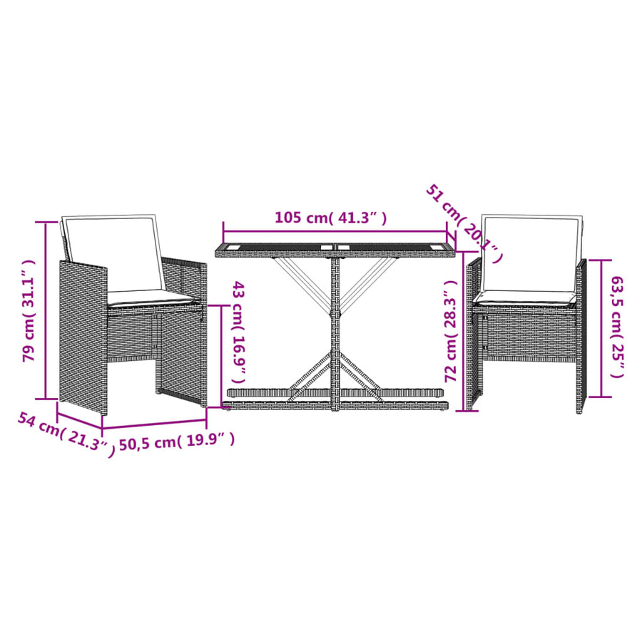 3-Delige Bistroset Met Kussens Poly Rattan Zwart