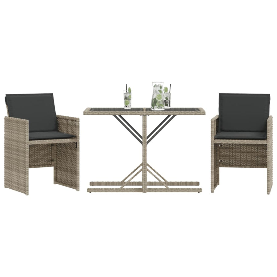 3-delige Bistroset met kussens poly rattan lichtgrijs