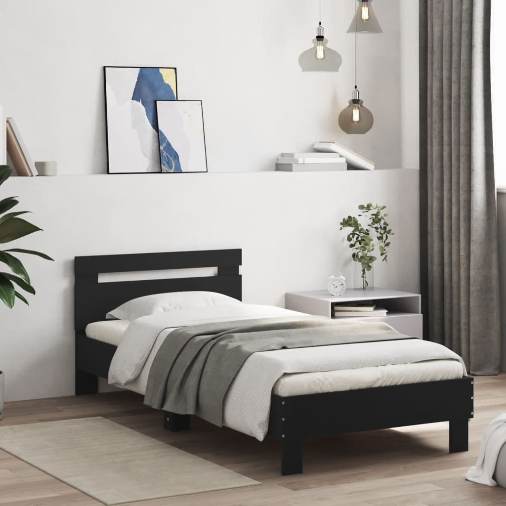 Bedframe met hoofdeinde bewerkt hout zwart 90x200 cm 90 x 200 cm Zwart