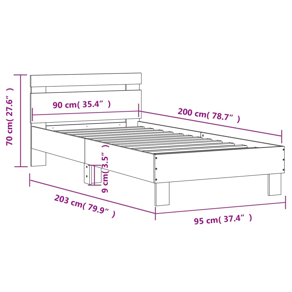 Bedframe met hoofdeinde bewerkt hout betongrijs 90x200 cm 90 x 200 cm Betongrijs