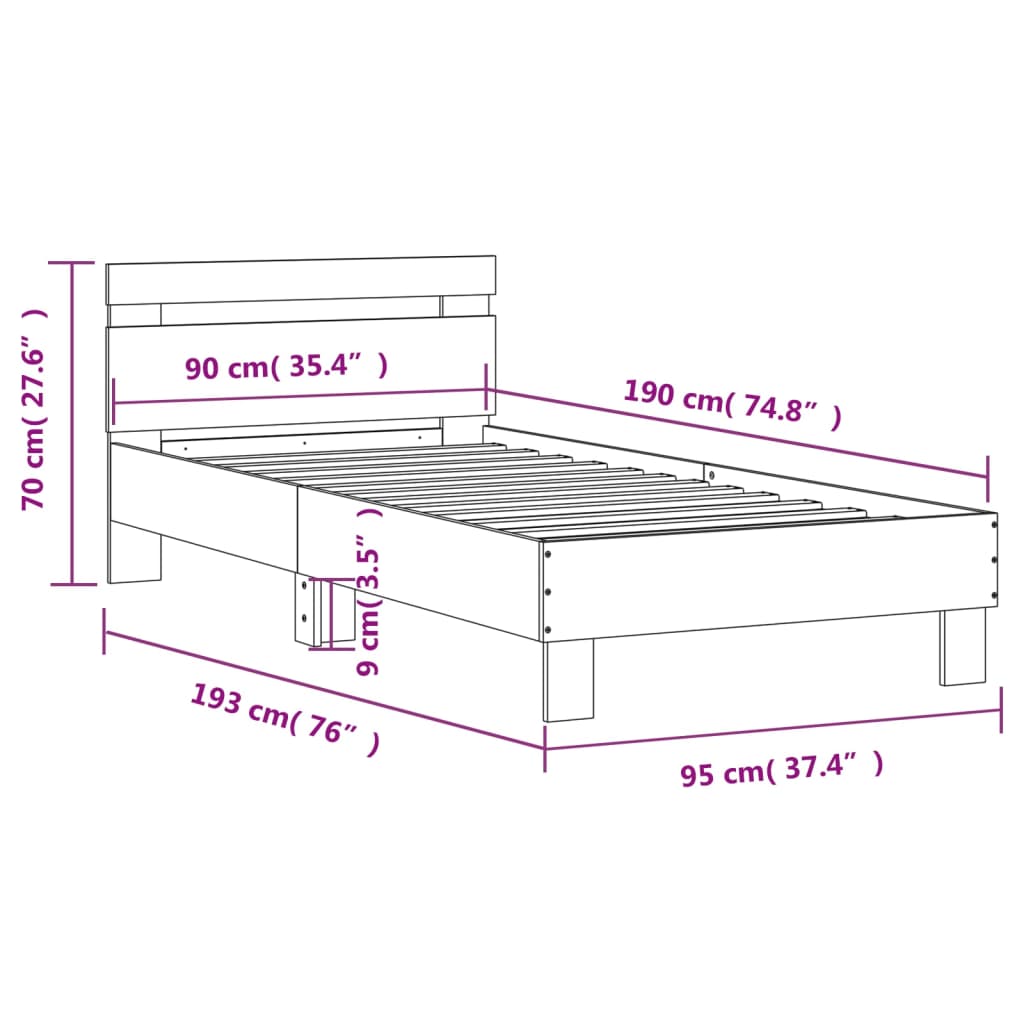 Bedframe met hoofdeinde bewerkt hout sonoma eiken 90x190 cm 90 x 190 cm Sonoma eiken