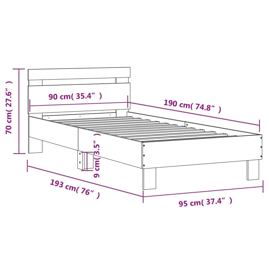 Bedframe met hoofdeinde bewerkt hout sonoma eiken 90x190 cm 90 x 190 cm Sonoma eiken