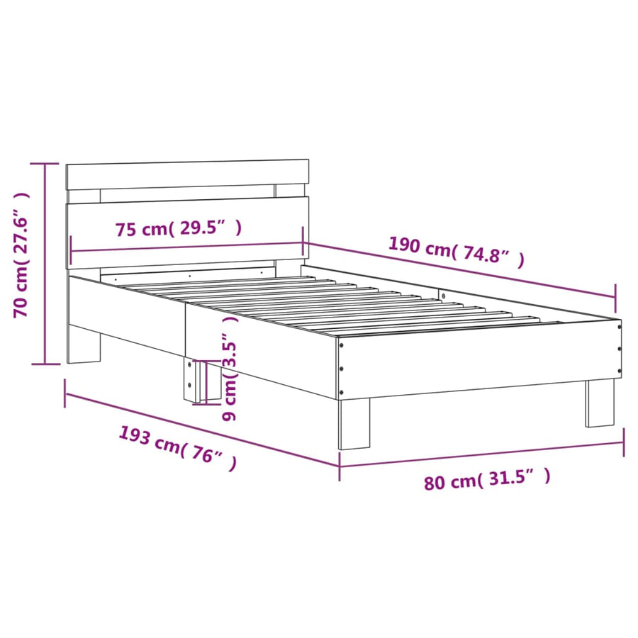 Bedframe Met Hoofdbord Bewerkt Hout Betongrijs 75X190 Cm