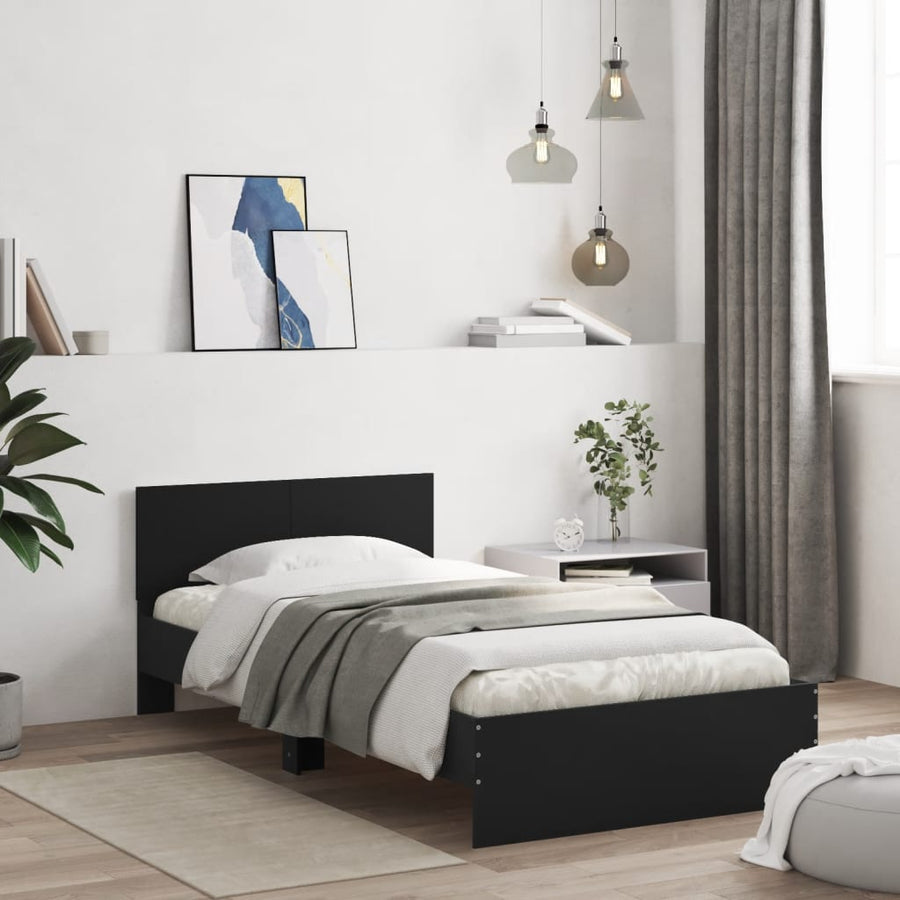 Bedframe met hoofdbord bewerkt hout zwart 100x200 cm