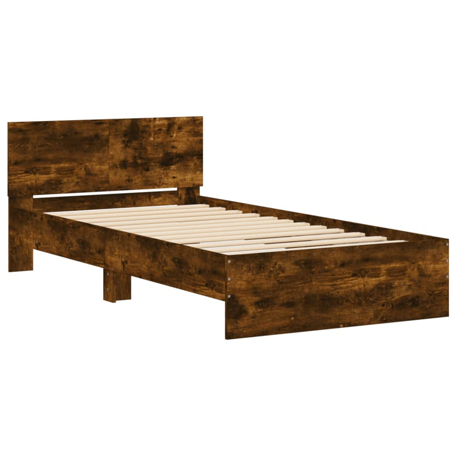 Bedframe met hoofdeinde bewerkt hout gerookt eiken 100x200 cm