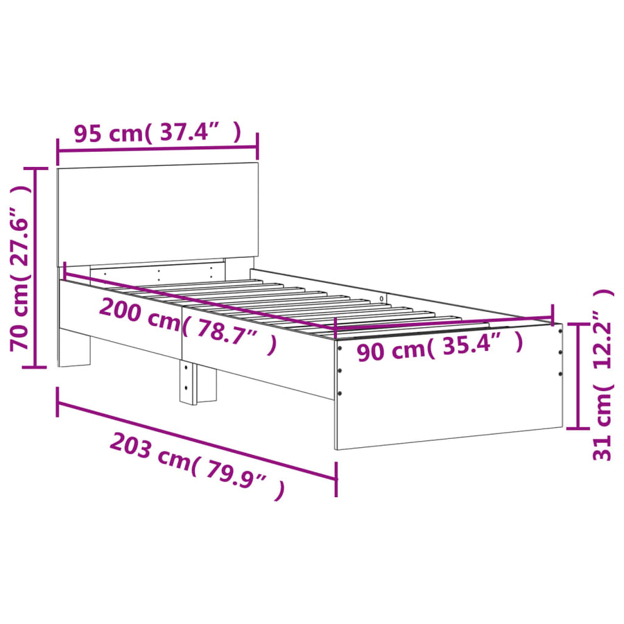Bedframe met hoofdeinde bewerkt hout zwart 90x200 cm