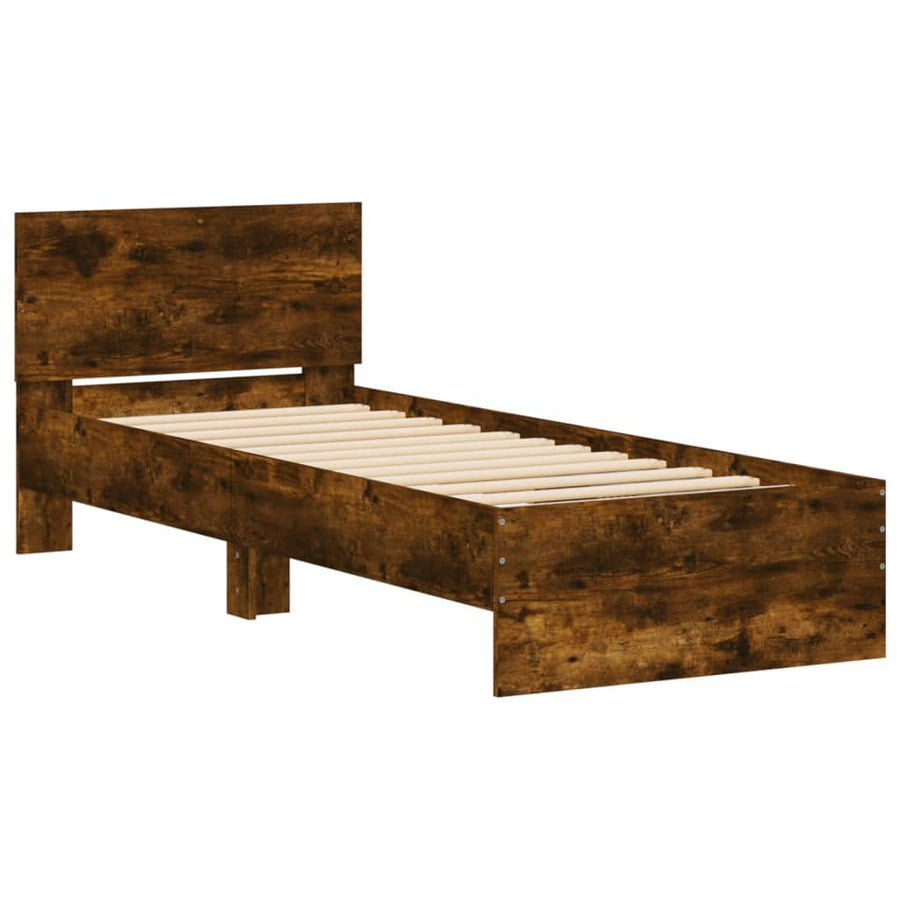 Bedframe met hoofdeinde bewerkt hout gerookt eiken 90x200 cm
