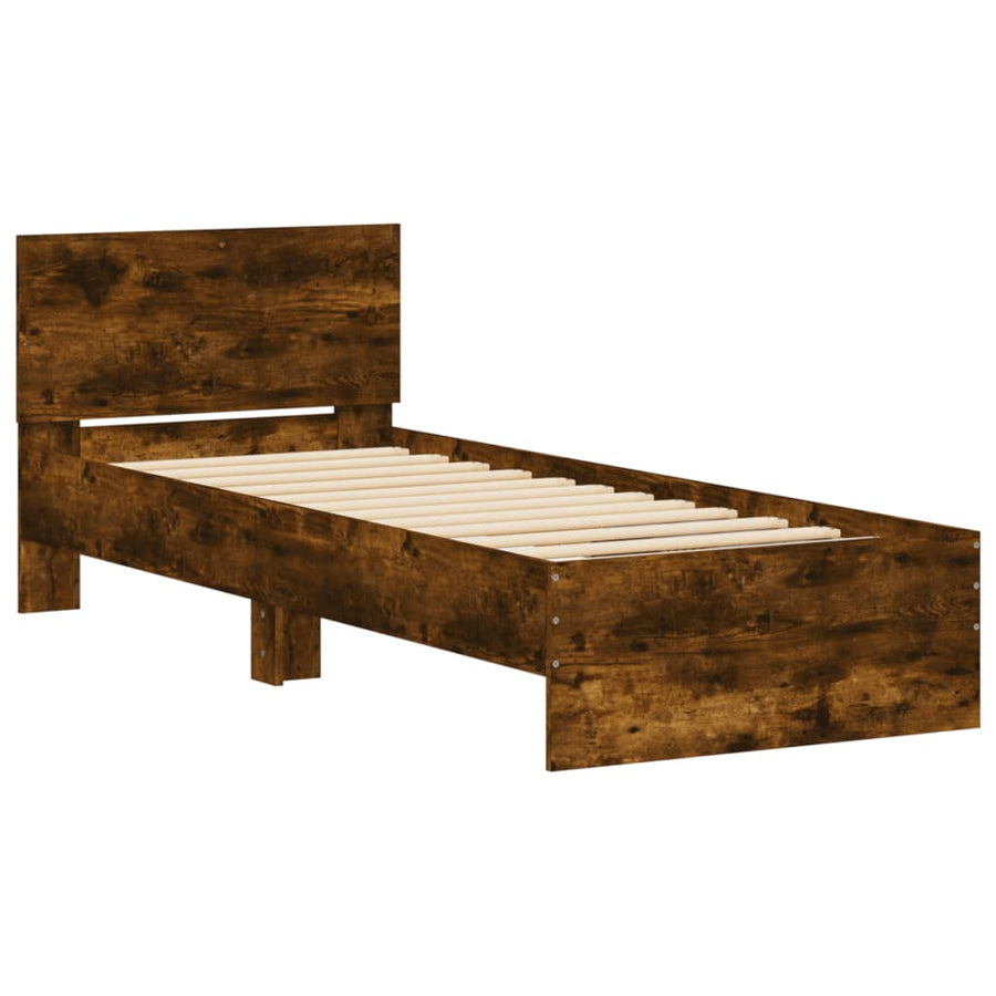 Bedframe met hoofdeinde bewerkt hout gerookt eiken 90x190 cm