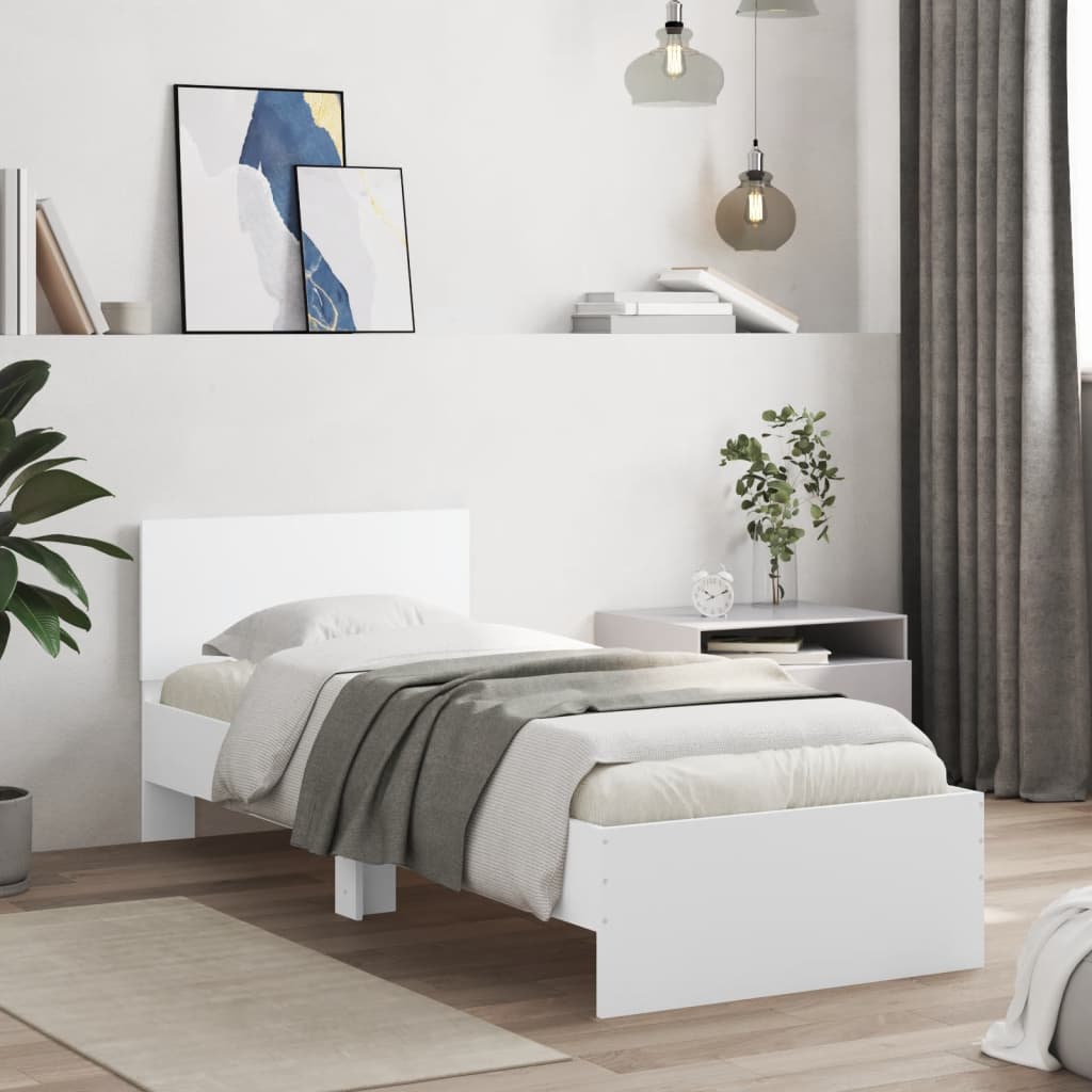 Bedframe met hoofdbord bewerkt hout wit 75x190 cm