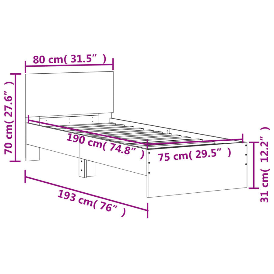 Bedframe met hoofdbord bewerkt hout grijs sonoma 75x190 cm