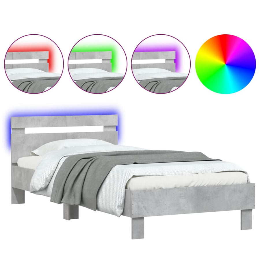 Bedframe met hoofdbord en LED-verlichting betongrijs 100x200 cm