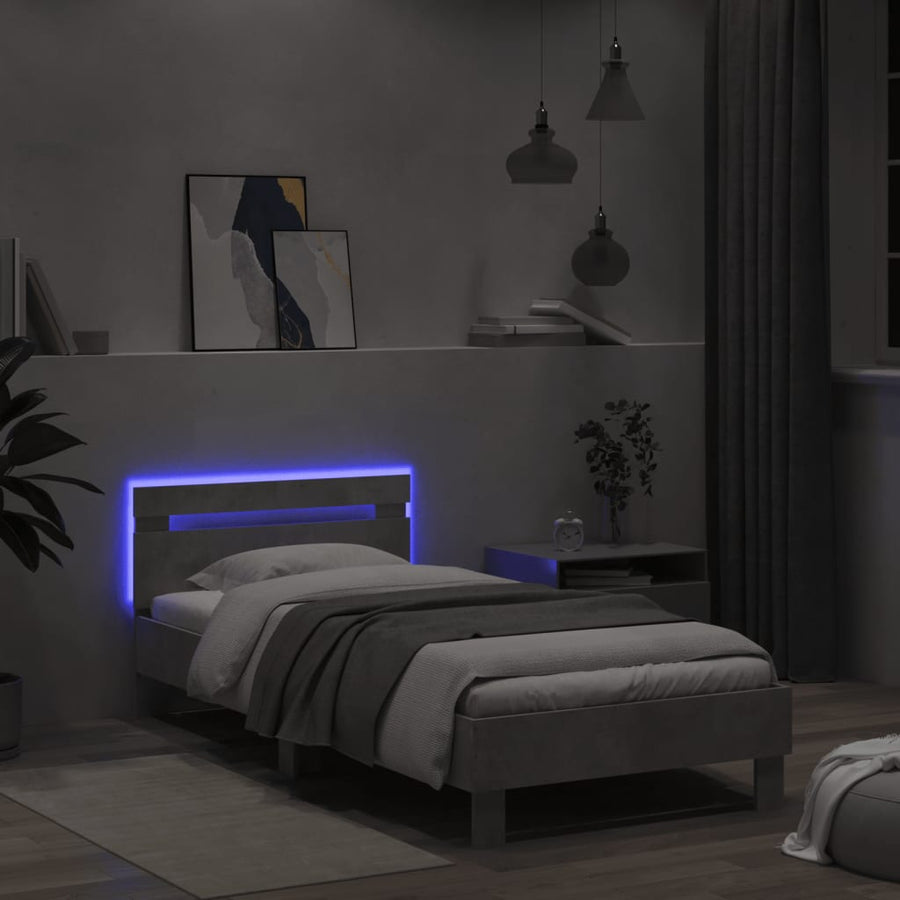 Bedframe met hoofdbord en LED-verlichting betongrijs 100x200 cm