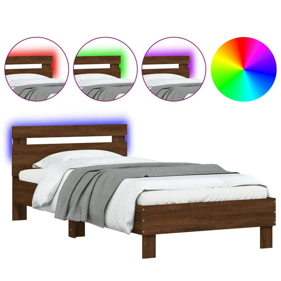 Bedframe met hoofdbord en LED bruineikenkleurig 100x200 cm 100 x 200 cm bruin eikenkleur