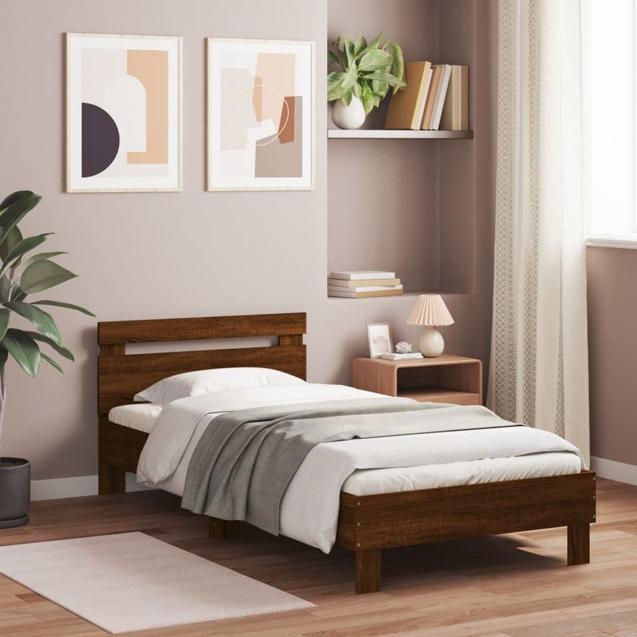 Bedframe met hoofdbord en LED bruineikenkleurig 100x200 cm 100 x 200 cm bruin eikenkleur