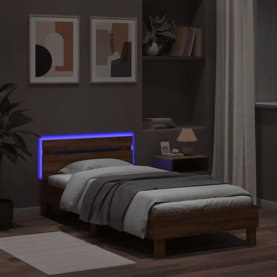 Bedframe met hoofdbord en LED bruineikenkleurig 100x200 cm 100 x 200 cm bruin eikenkleur