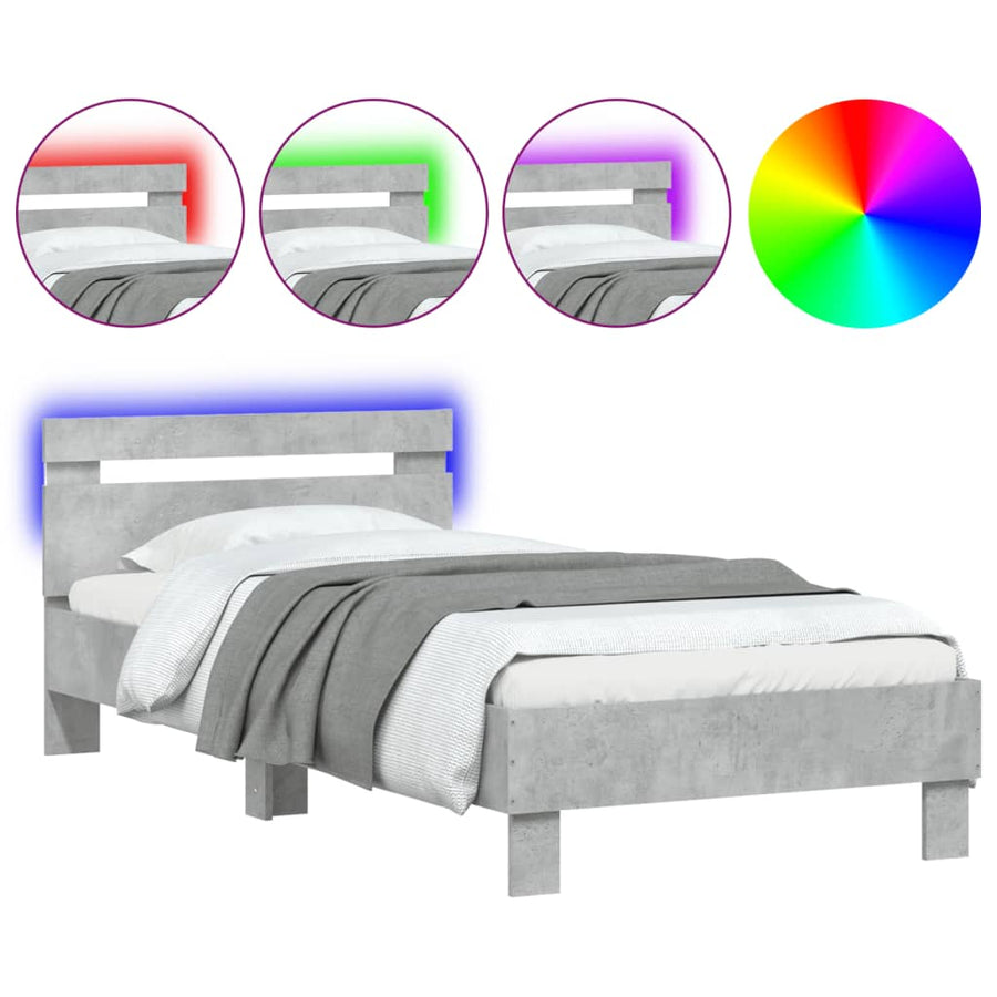 Bedframe met hoofdbord en LED-verlichting betongrijs 90x200 cm