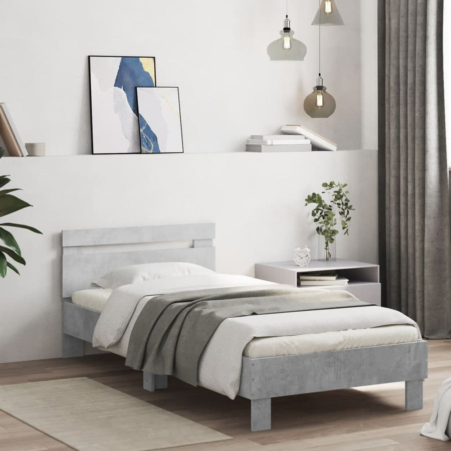 Bedframe met hoofdbord en LED-verlichting betongrijs 90x200 cm