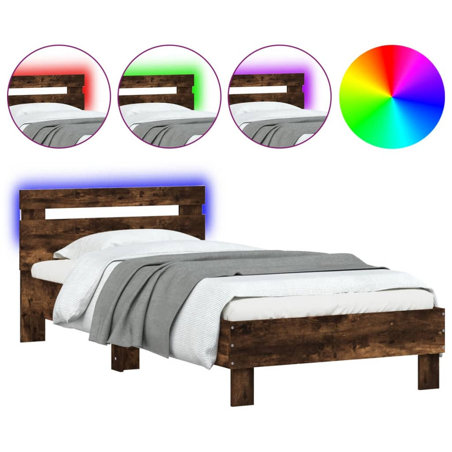 Bedframe met hoofdbord en LED gerookt eikenkleurig 90x200 cm