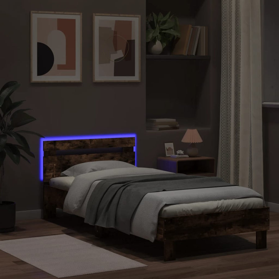 Bedframe met hoofdbord en LED gerookt eikenkleurig 90x200 cm