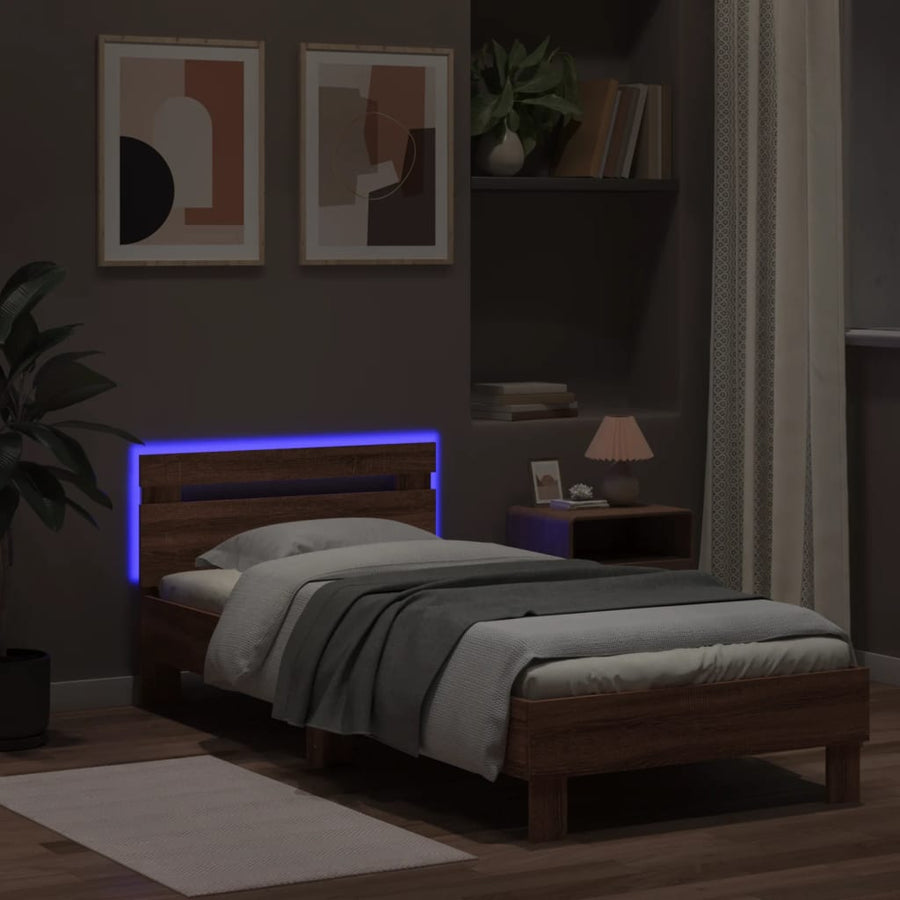 Bedframe met hoofdbord en LED bruineikenkleurig 90x200 cm