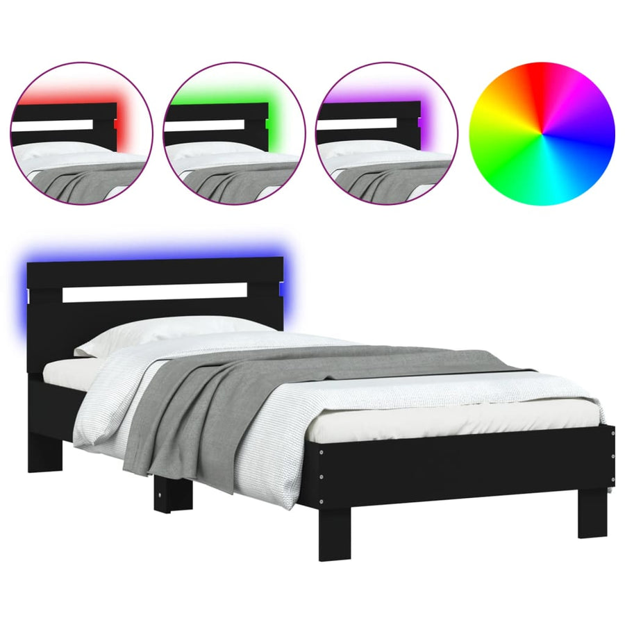 Bedframe met hoofdbord en LED-verlichting zwart 75x190 cm