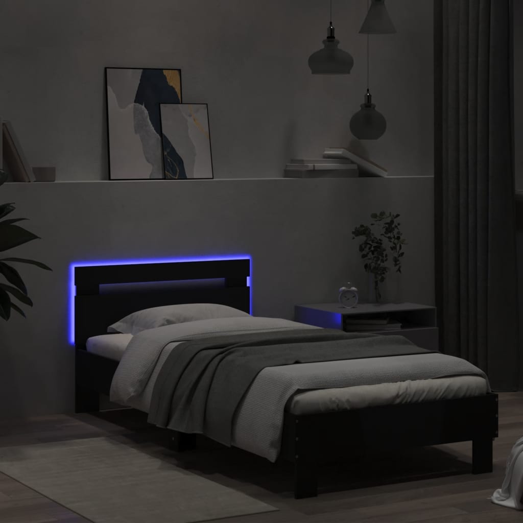 Bedframe met hoofdbord en LED-verlichting zwart 75x190 cm
