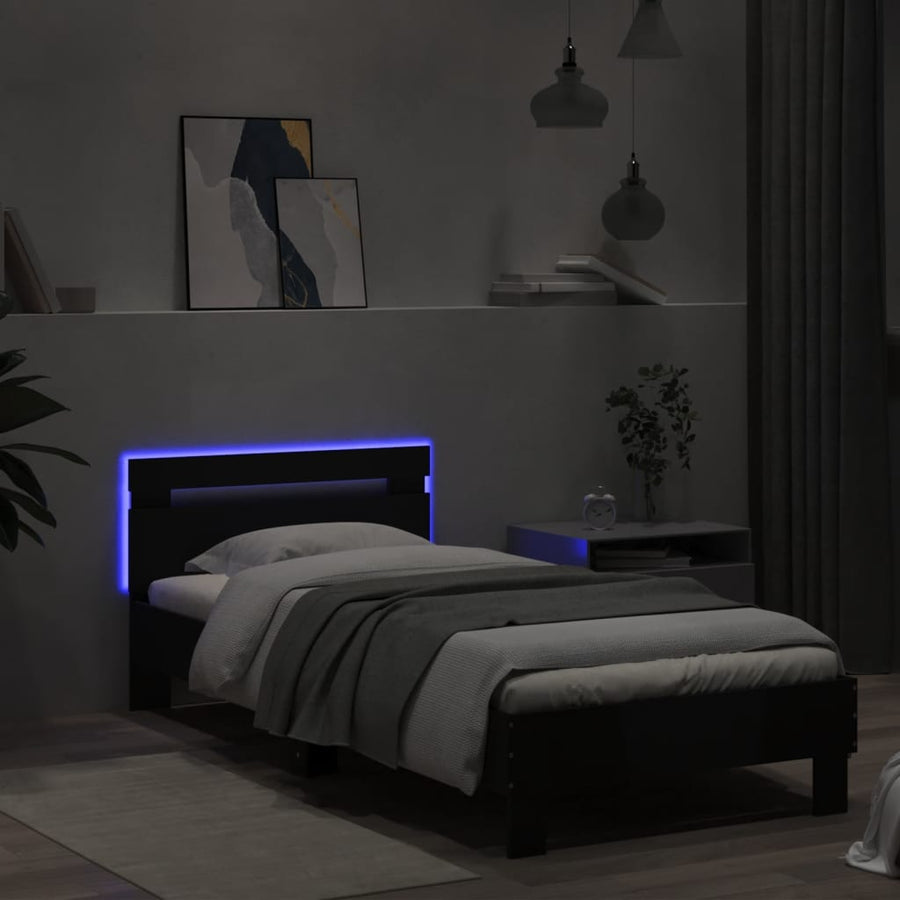 Bedframe met hoofdbord en LED-verlichting zwart 75x190 cm
