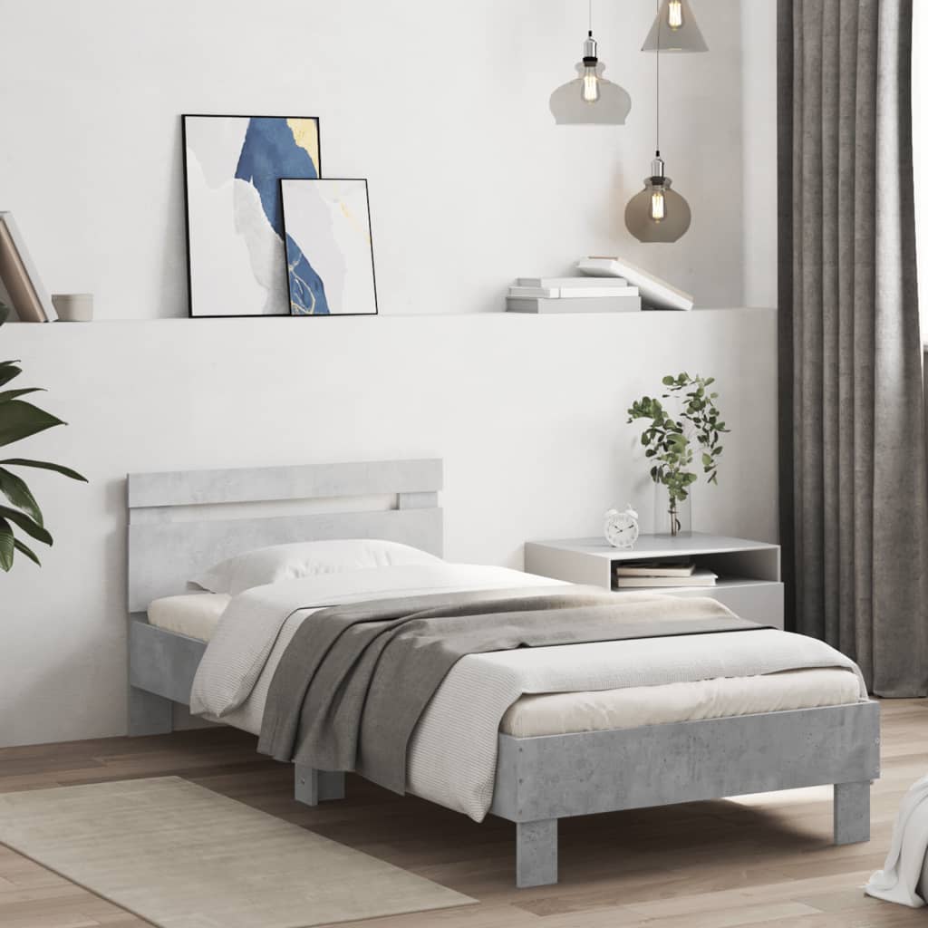 Bedframe met hoofdbord en LED-verlichting betongrijs 75x190 cm