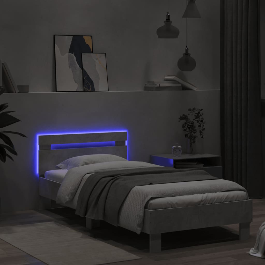 Bedframe met hoofdbord en LED-verlichting betongrijs 75x190 cm