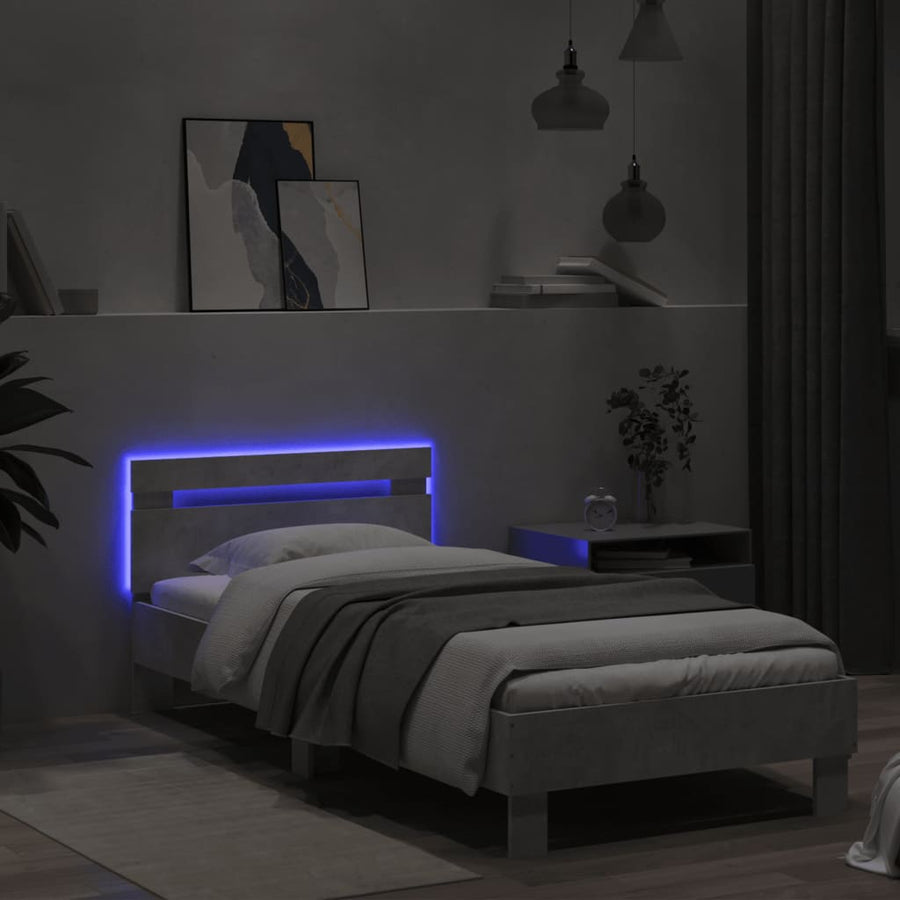 Bedframe met hoofdbord en LED-verlichting betongrijs 75x190 cm