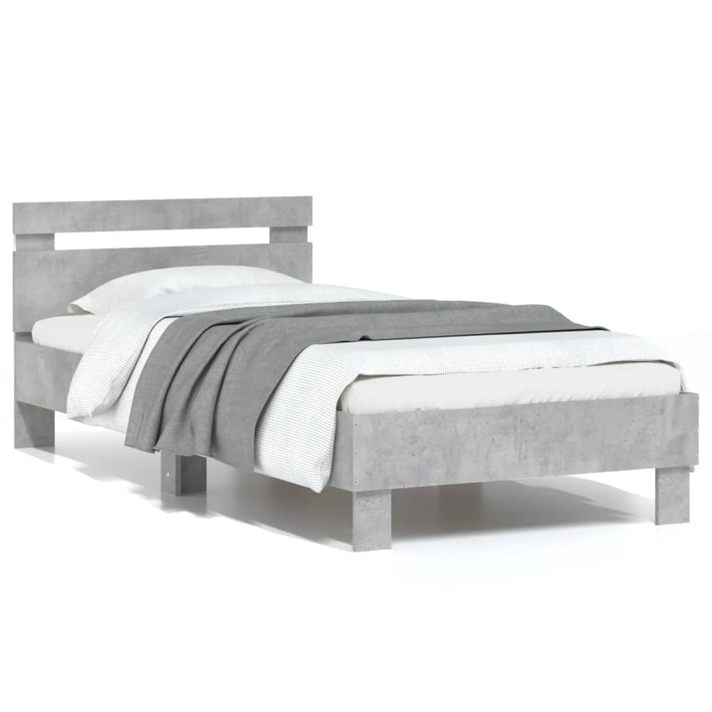 Bedframe met hoofdbord en LED-verlichting betongrijs 75x190 cm
