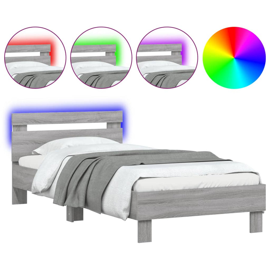 Bedframe met hoofdbord en LED grijs sonoma eikenkleur 75x190 cm