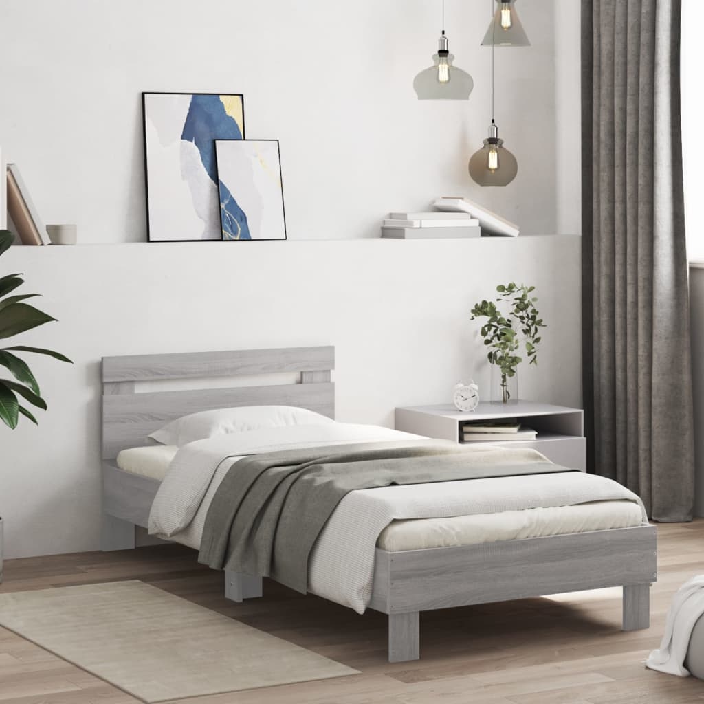 Bedframe met hoofdbord en LED grijs sonoma eikenkleur 75x190 cm
