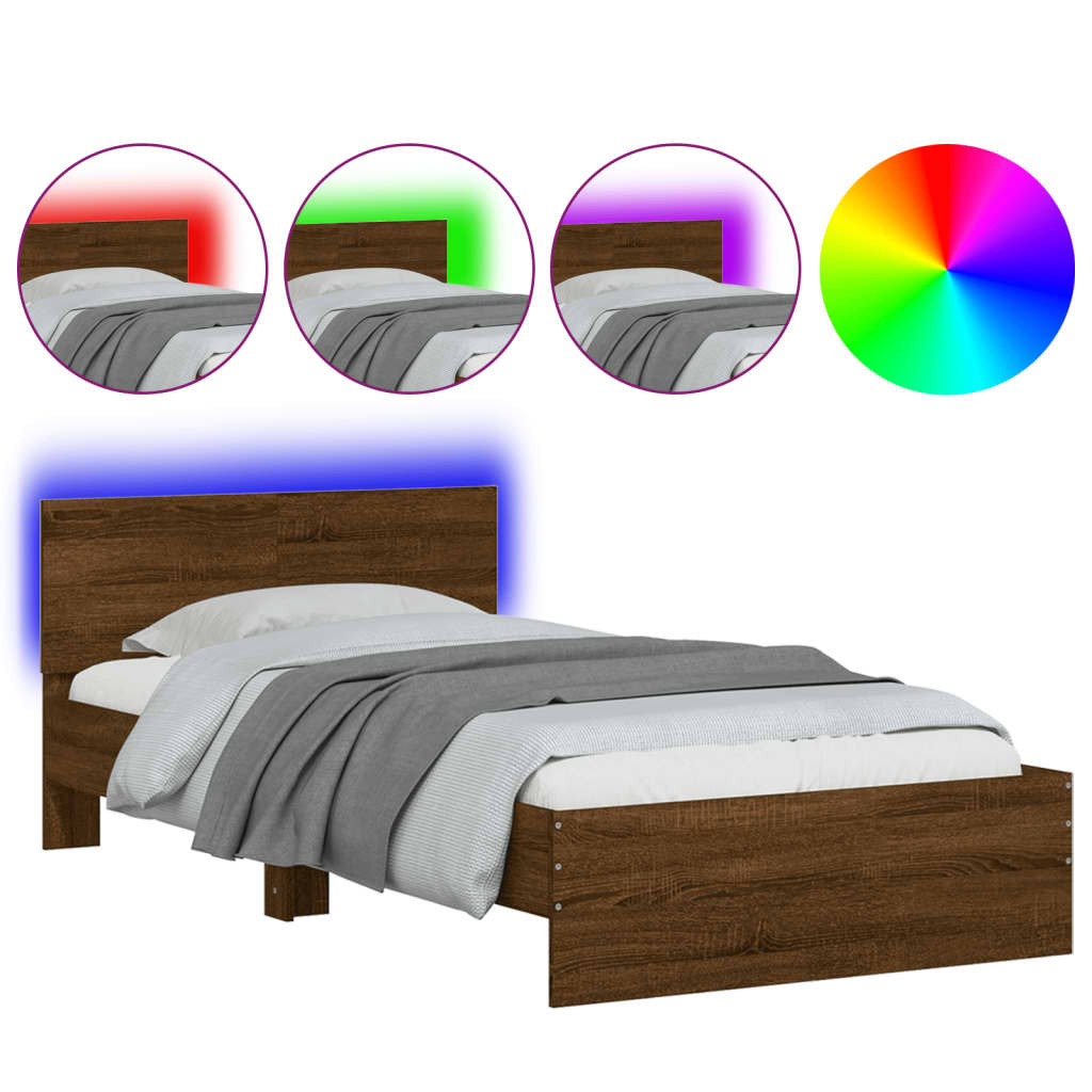 Bedframe met hoofdbord en LED bruineikenkleurig 100x200 cm 100 x 200 cm bruin eikenkleur